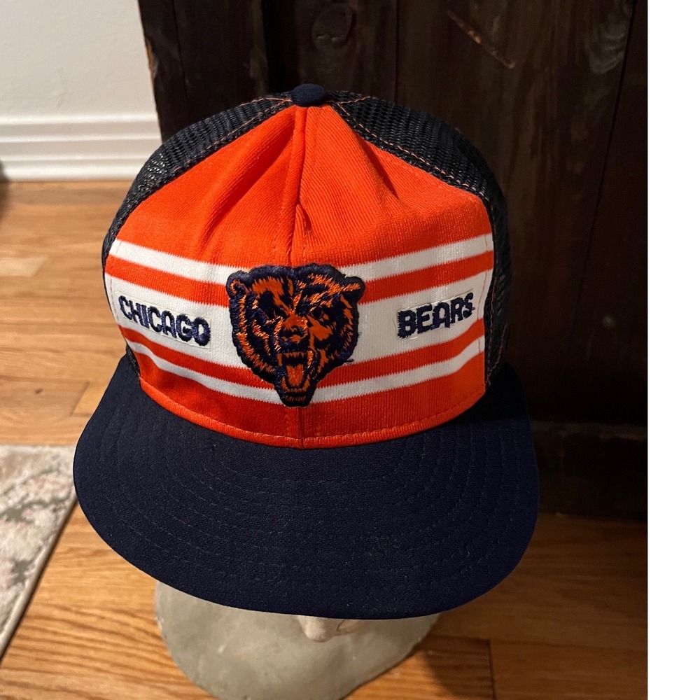 Vintage Chicago Bears AJD Superstripe Trucker Hat Navy Orange Mesh Snapback USA
